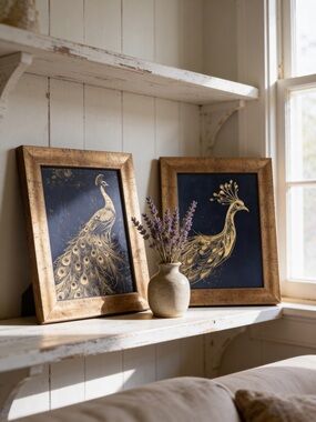 Cottagecore Golden Peacock Framed Art| Set of Two